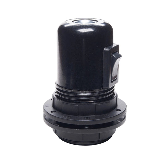 Black Bakelite E27 ES Switched Threaded Skirt Edison Screw Lampholder with wide shade rings