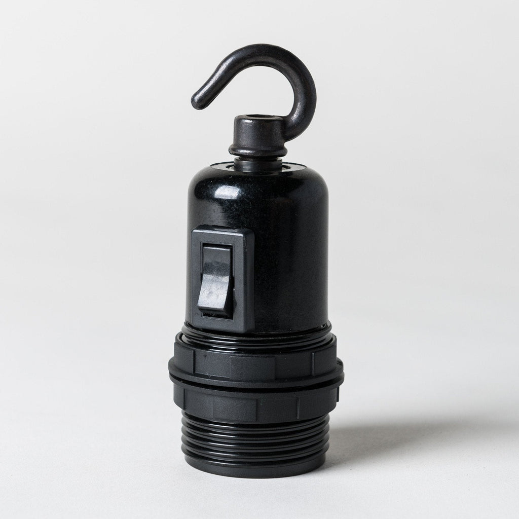 E27 Switched Black Plastic Lampholder with hook