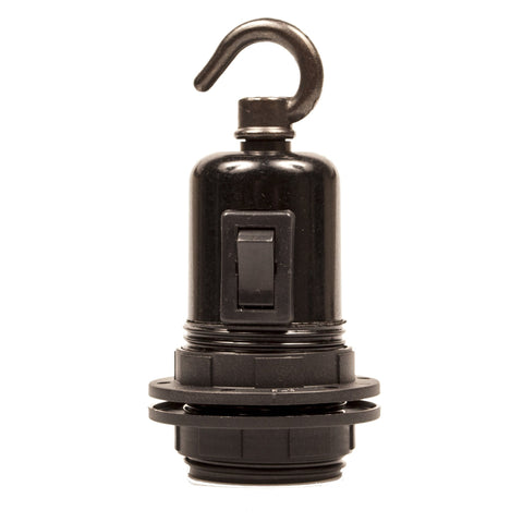 E27 Switched Black Plastic Wide Ring Lampholder with hook - Lightspares